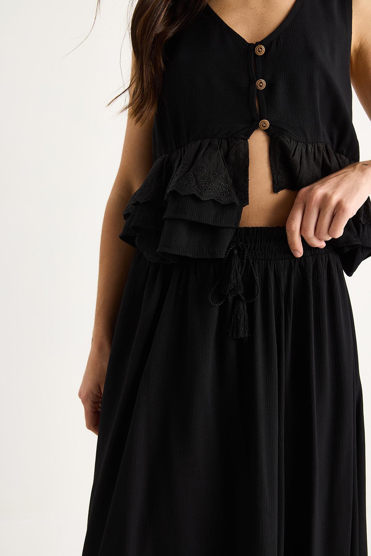 Kadın Fisto Detaylı Bluz Beli Lastikli Astarlı Etek Gofre Takım 25S1-8003 60283416 - Siyah · 5