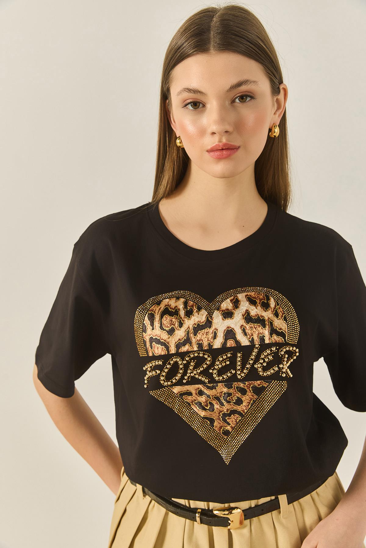 Kadın Forever Taş Baskılı Leoparlı Rahat Kalıp T-Shirt 1812 60283281 - Siyah · 5