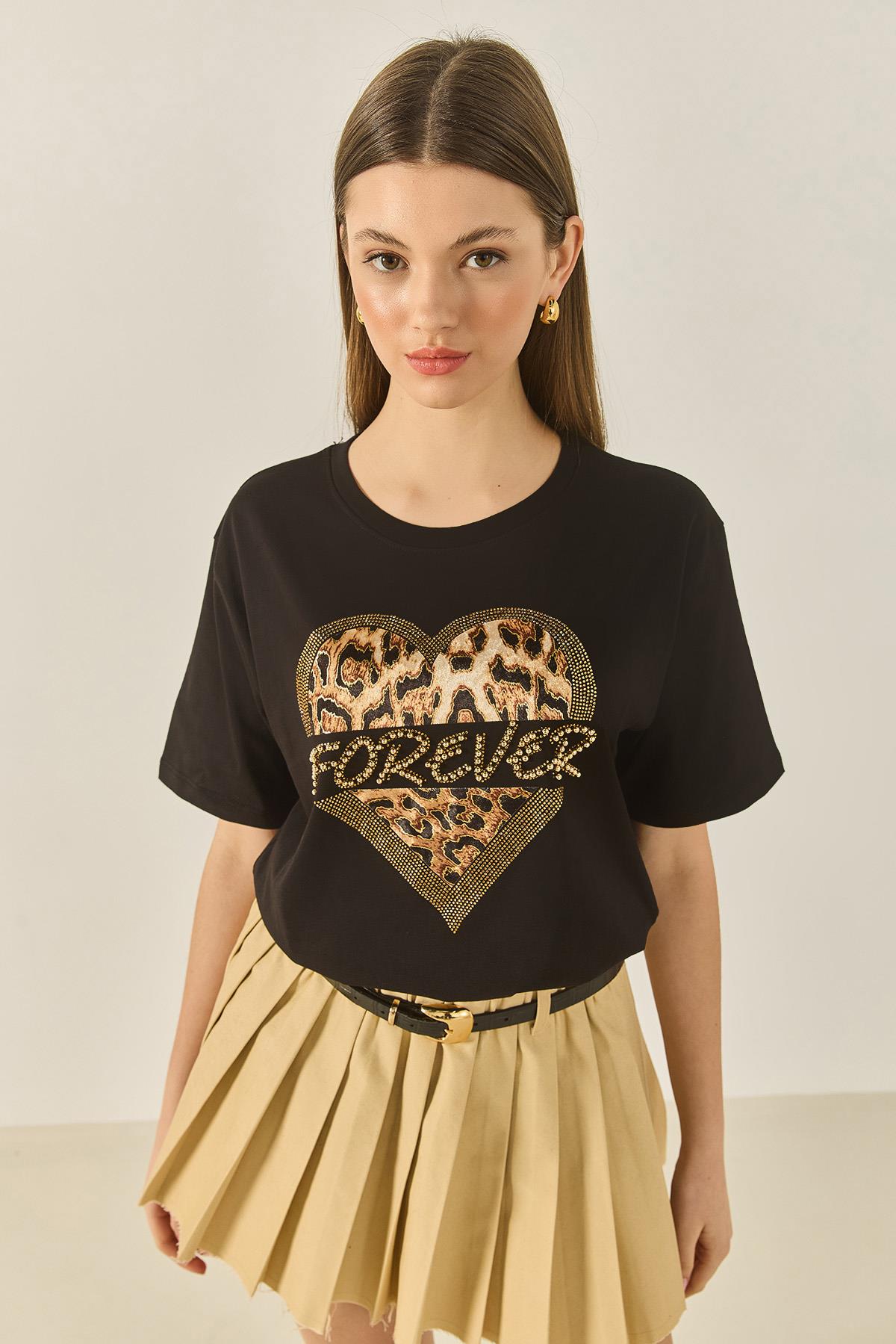 Kadın Forever Taş Baskılı Leoparlı Rahat Kalıp T-Shirt 1812 60283281 - Siyah · 2