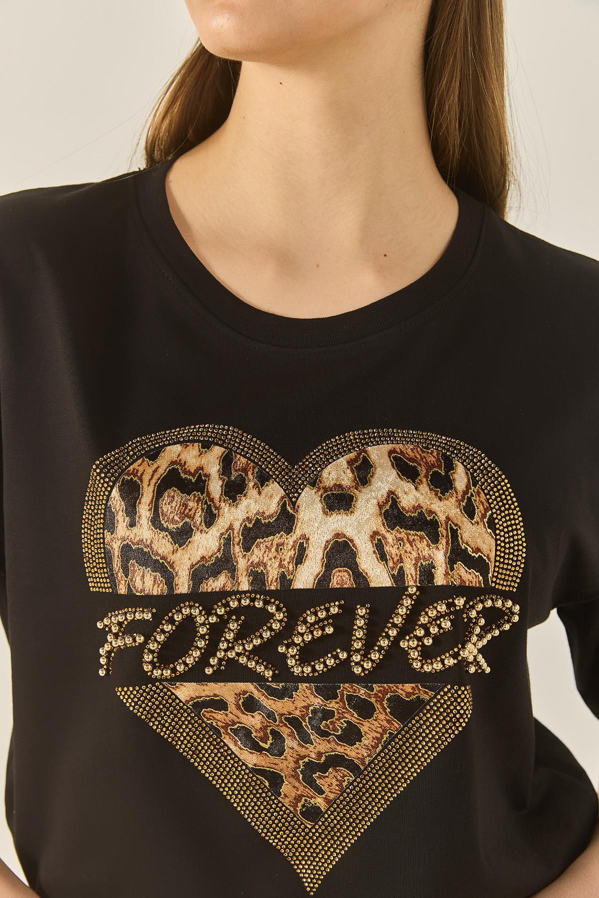 Kadın Forever Taş Baskılı Leoparlı Rahat Kalıp T-Shirt 1812 60283281 - Siyah · 7