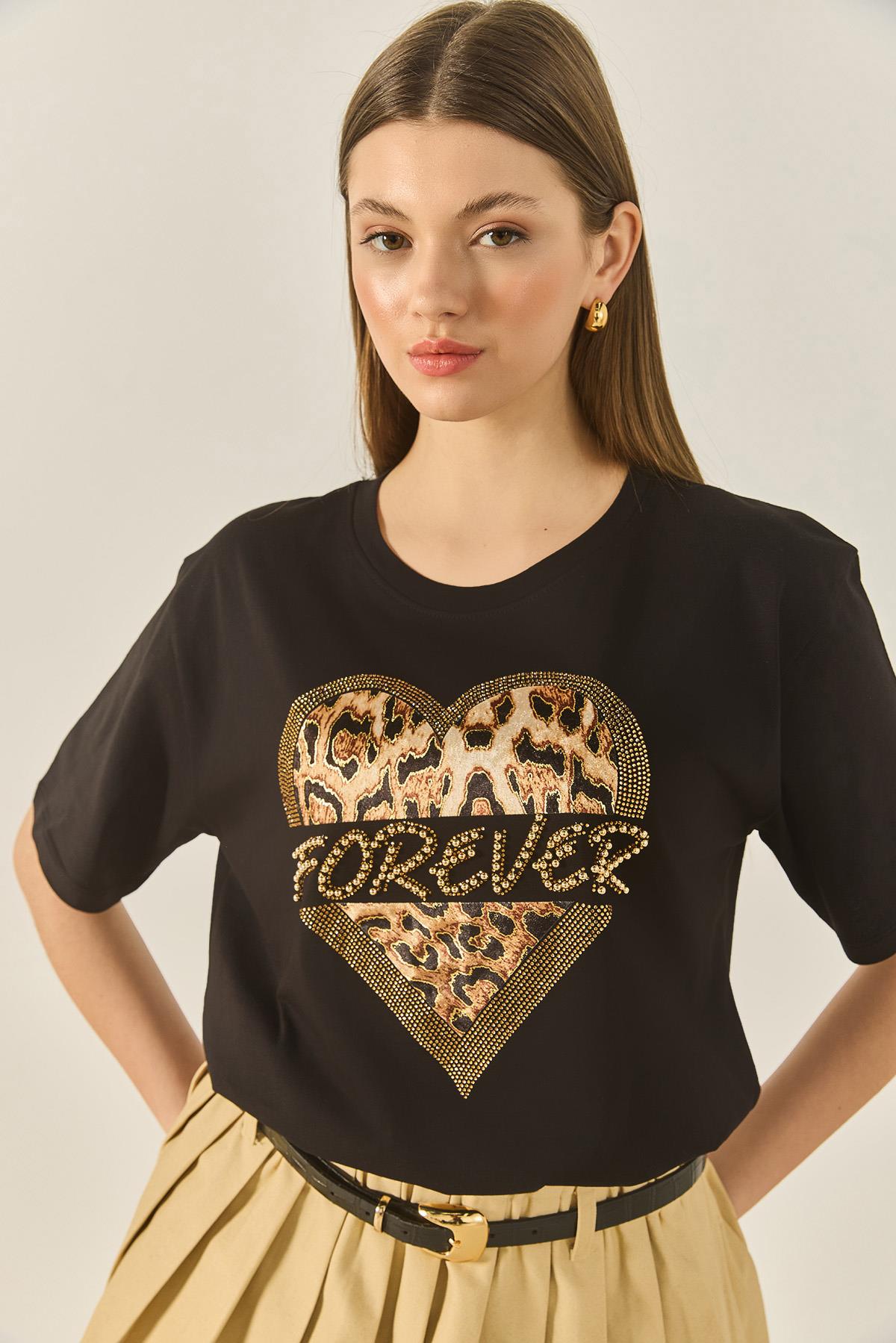 Kadın Forever Taş Baskılı Leoparlı Rahat Kalıp T-Shirt 1812 60283281 - Siyah · 6