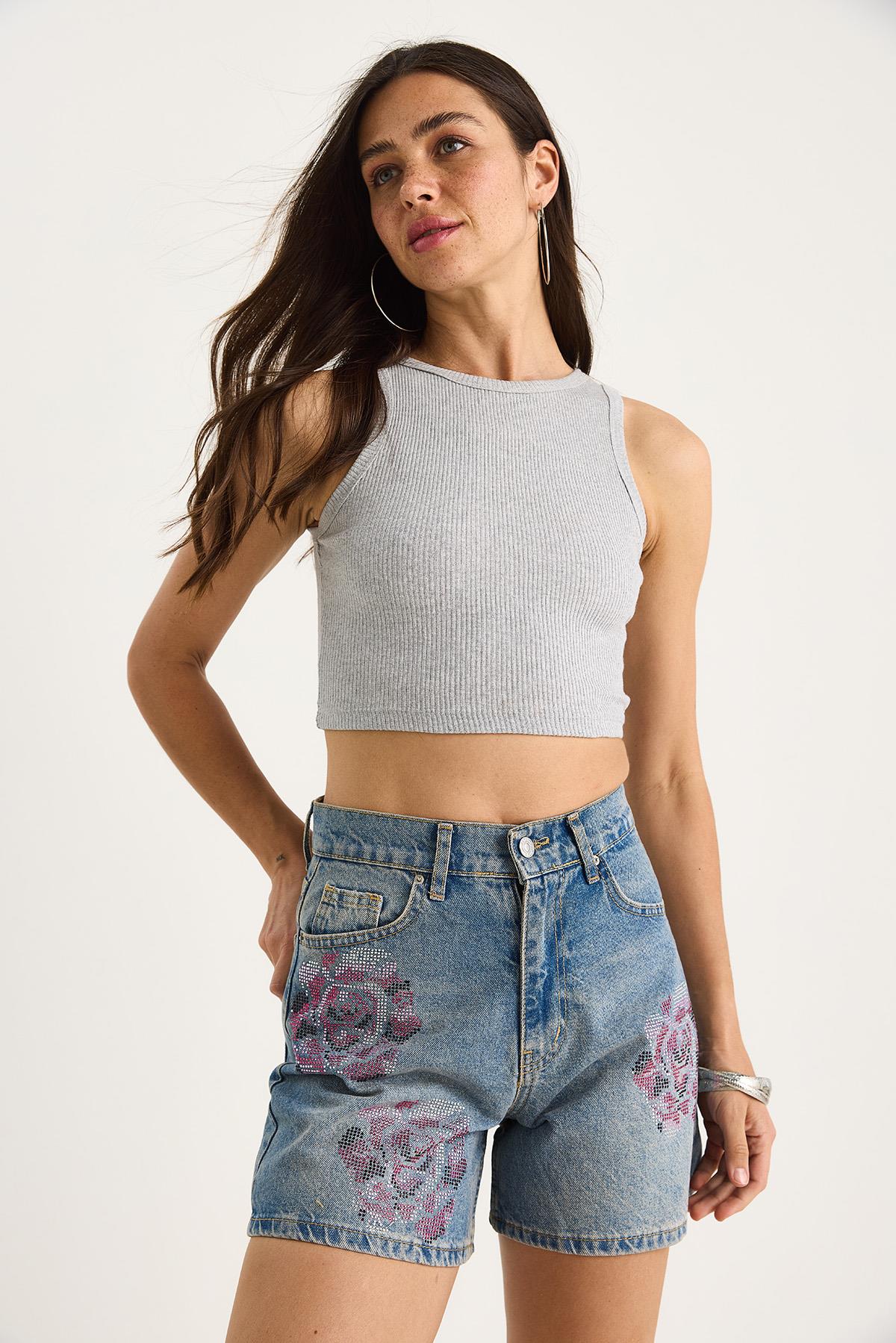 Kadın Gül Desenli Renkli Taş Baskılı Yüksek Bel Denim Şort 424 60283441 - Mavi · 3