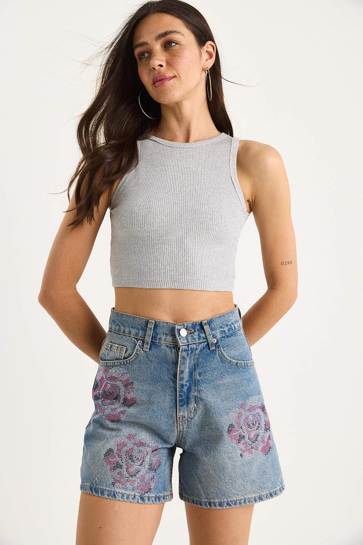 Kadın Gül Desenli Renkli Taş Baskılı Yüksek Bel Denim Şort 424 60283441 - Mavi · 2