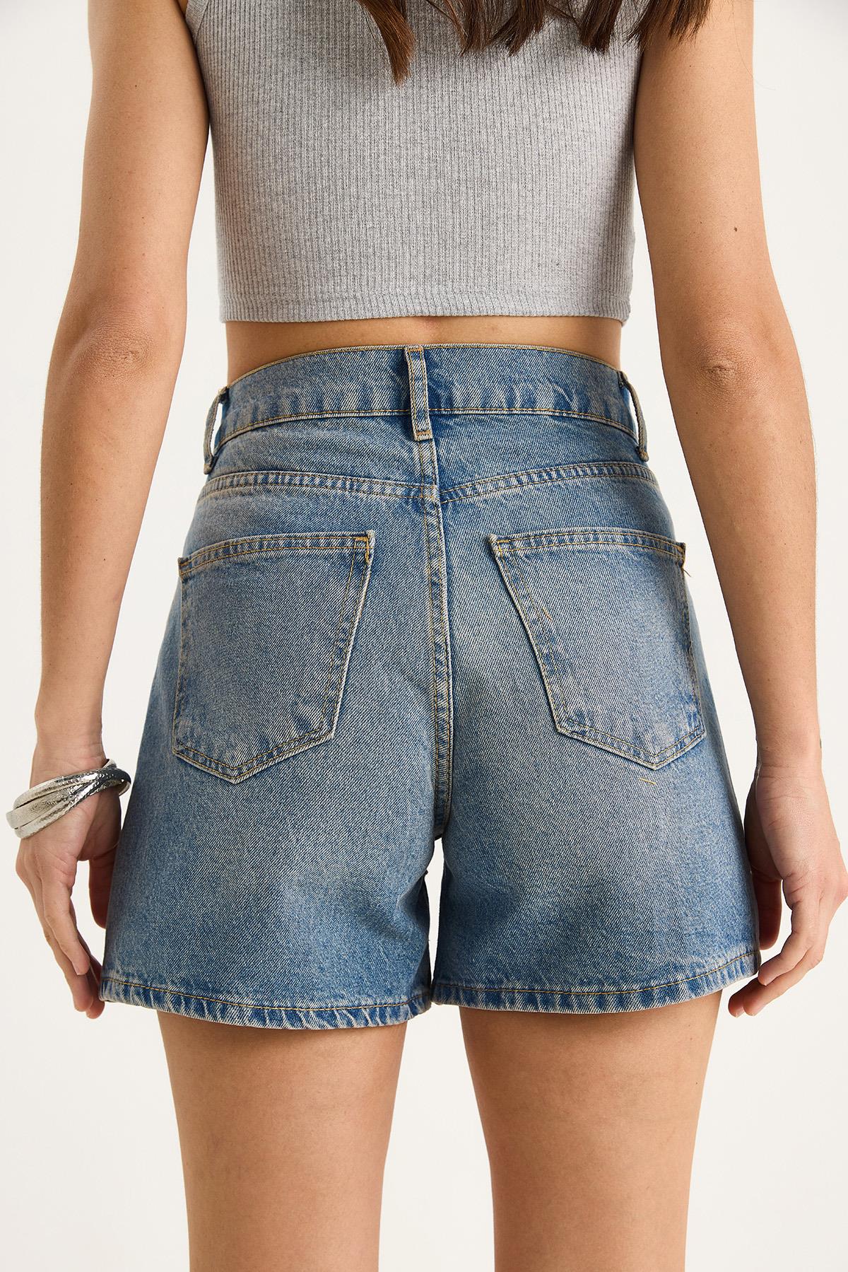 Kadın Gül Desenli Renkli Taş Baskılı Yüksek Bel Denim Şort 424 60283441 - Mavi · 5