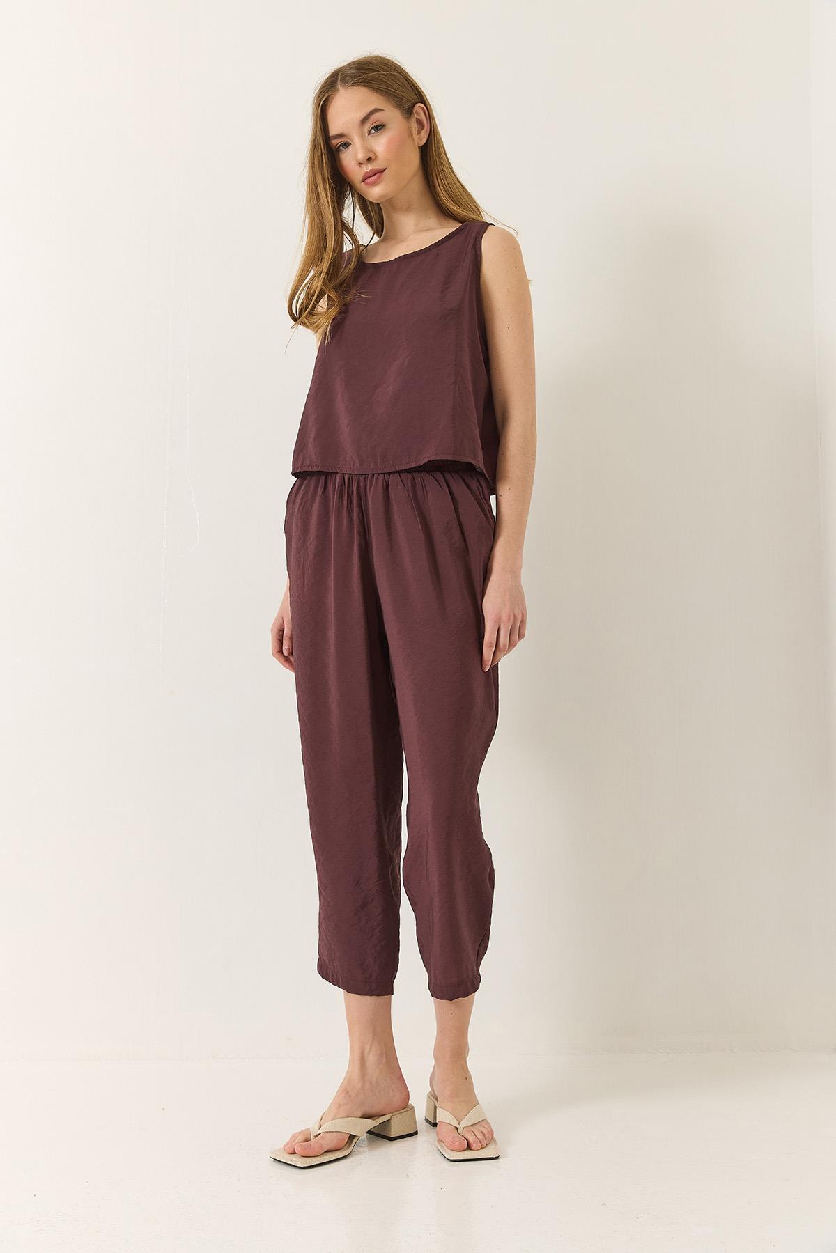 Kadın Kalın Askılı Bluz Beli Lastikli Pantolon Modal Takım 3089 60283231 - Patlıcan · 3