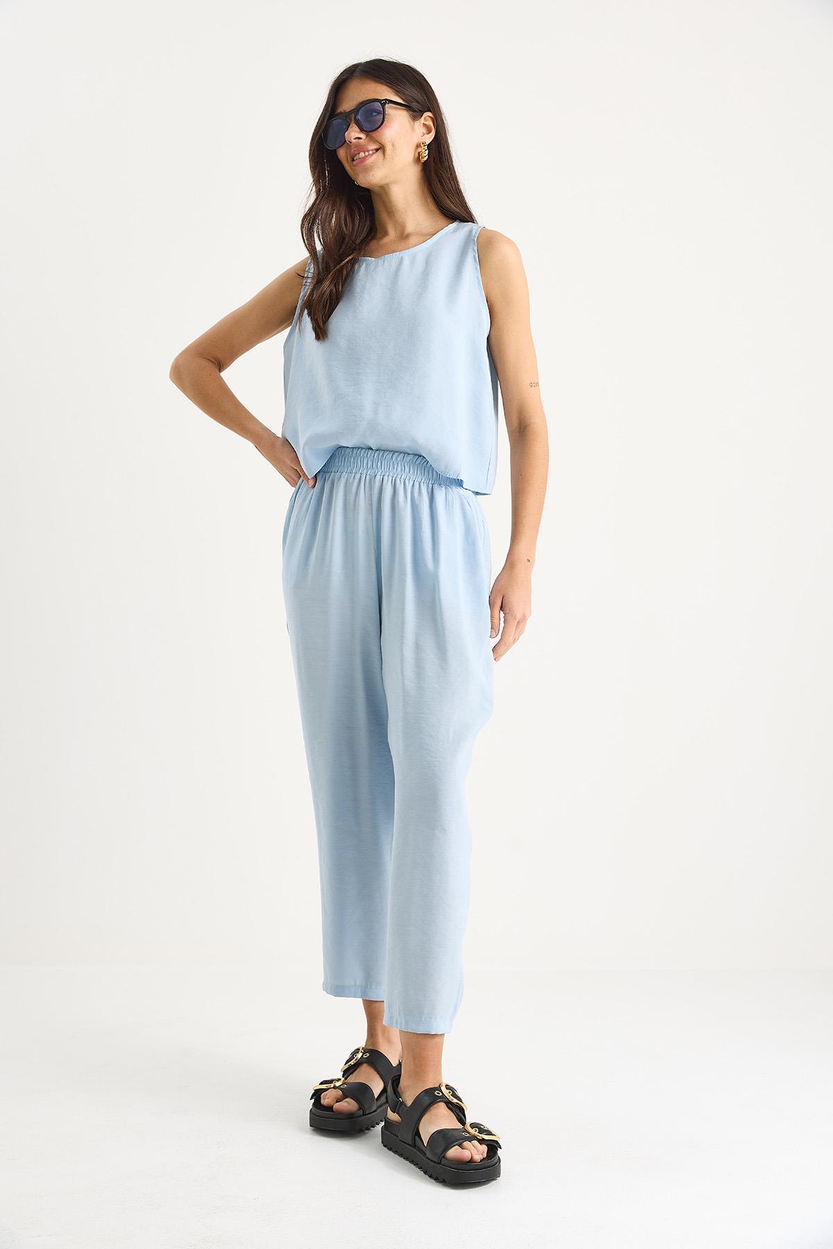 Kadın Kalın Askılı Bluz Beli Lastikli Pantolon Modal Takım 3089 60283231 - Bebe Mavisi · 4