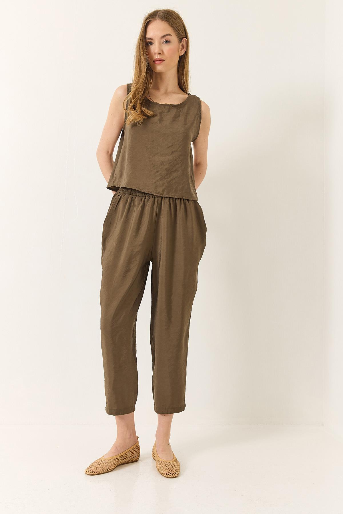 Kadın Kalın Askılı Bluz Beli Lastikli Pantolon Modal Takım 3089 60283231 - Vizon · 5