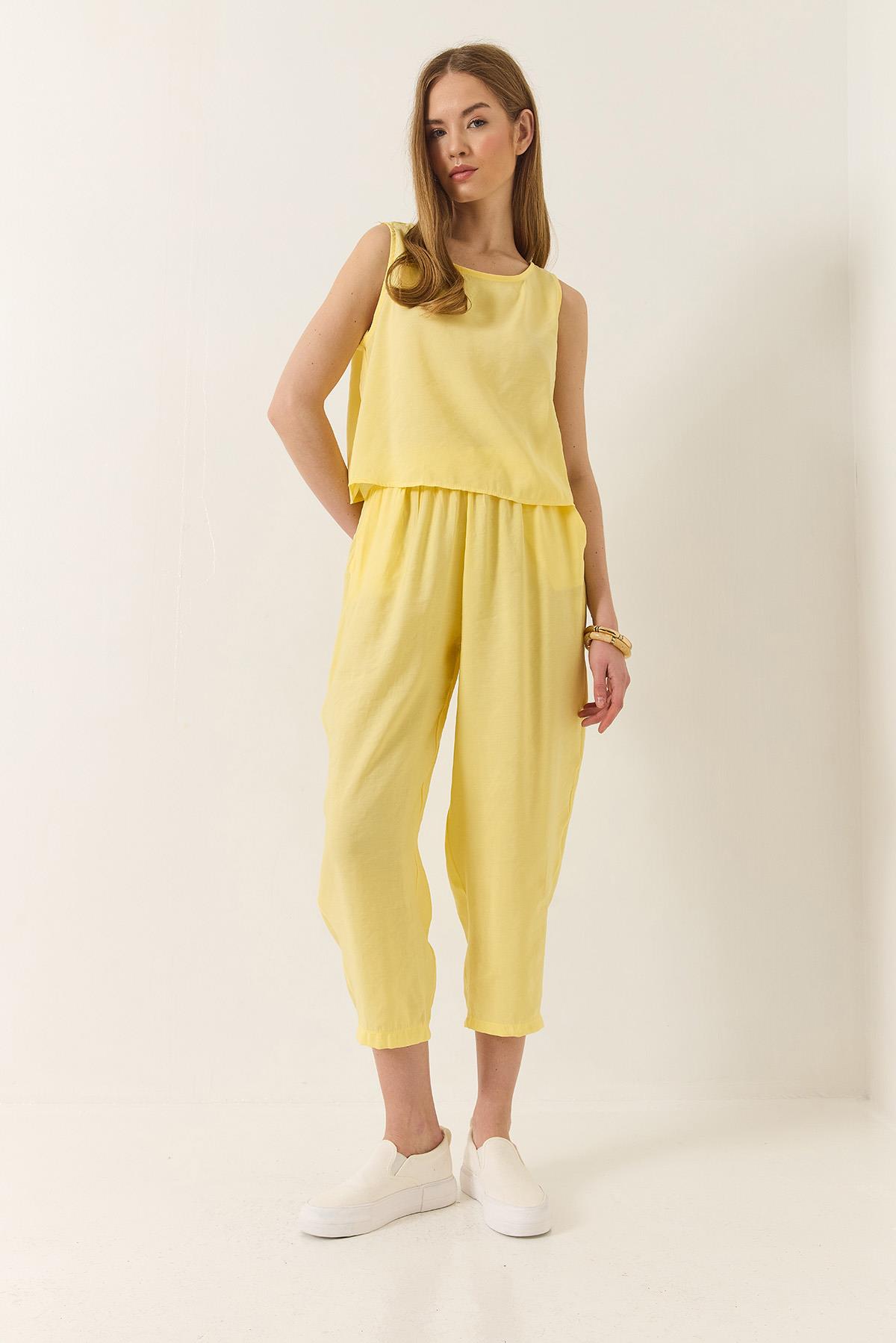 Kadın Kalın Askılı Bluz Beli Lastikli Pantolon Modal Takım 3089 60283231 - Limon Sarısı · 4