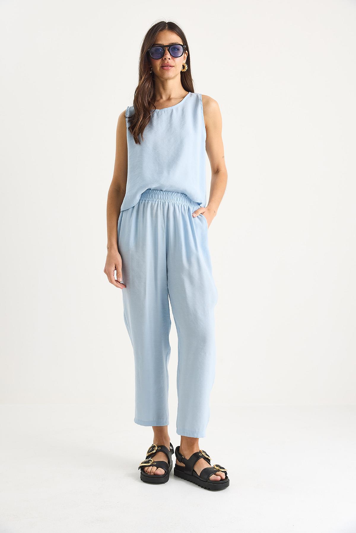 Kadın Kalın Askılı Bluz Beli Lastikli Pantolon Modal Takım 3089 60283231 - Bebe Mavisi · 2