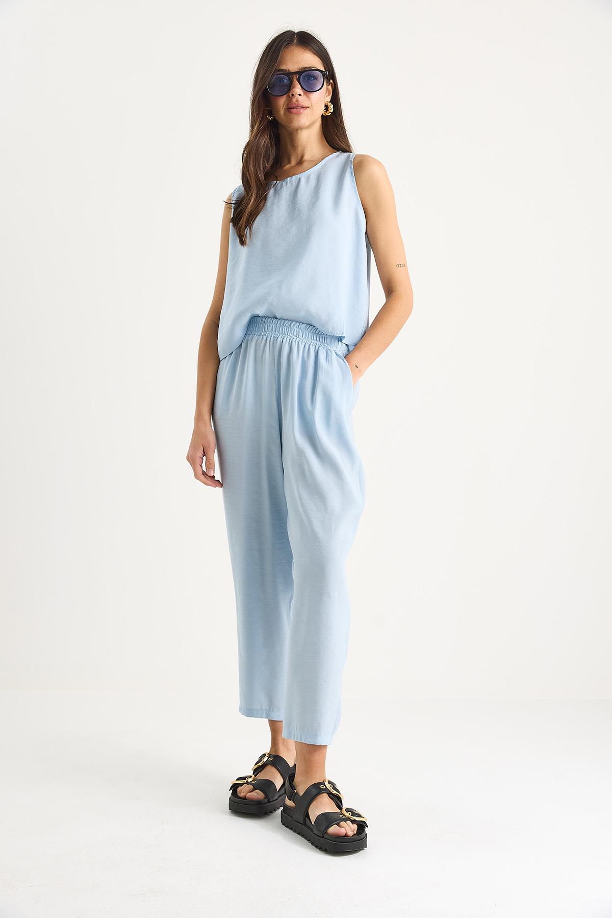 Kadın Kalın Askılı Bluz Beli Lastikli Pantolon Modal Takım 3089 60283231 - Bebe Mavisi · 3
