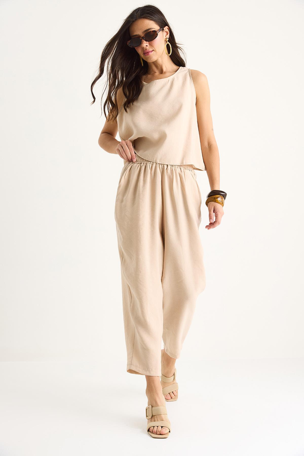 Kadın Kalın Askılı Bluz Beli Lastikli Pantolon Modal Takım 3089 60283231 - Bej · 3