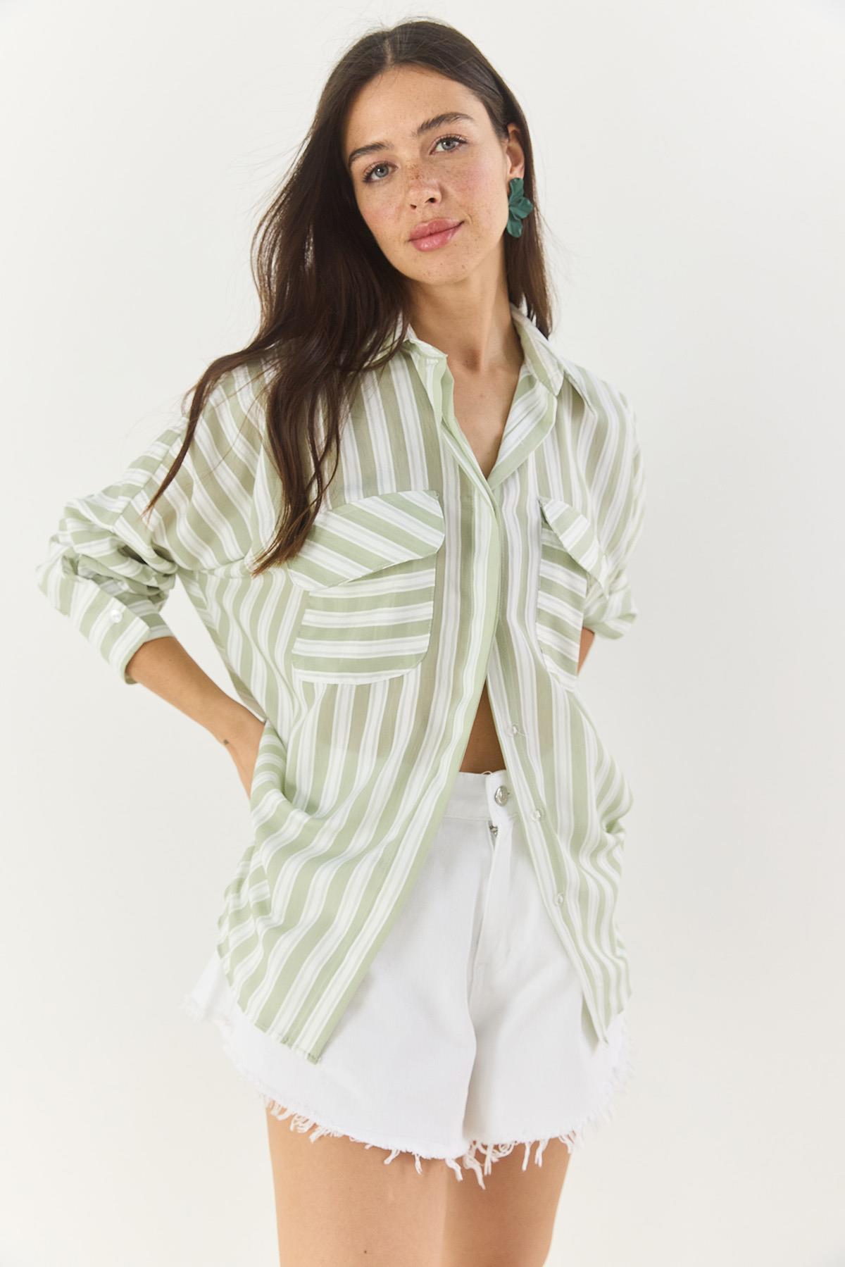Kadın Kalın Çizgili Çift Cep Detaylı Oversize Basic Yazlık Gömlek 34399-1 60283249 - Mint Yeşili · 5