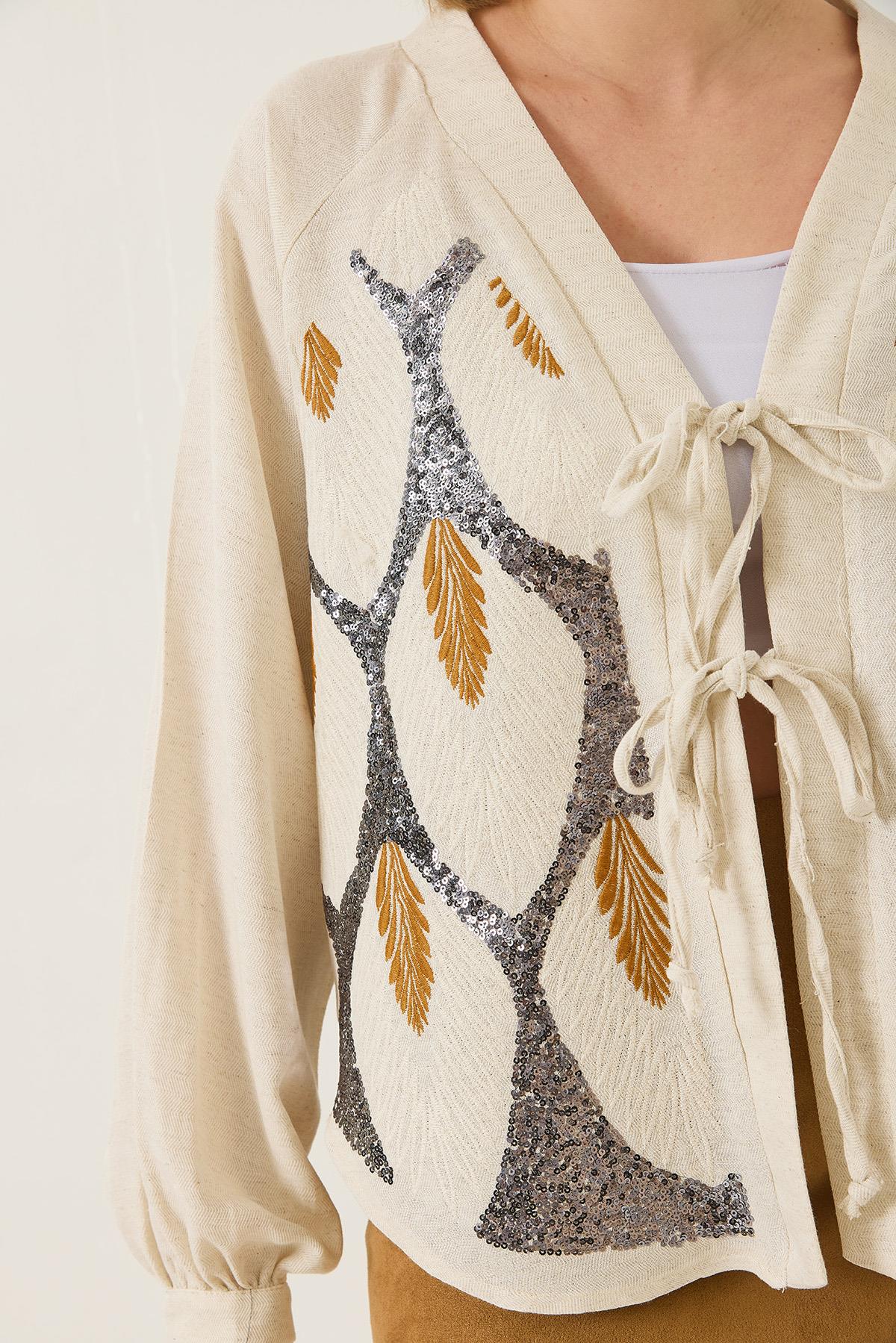 Kadın Keten Pul Payet Nakışlı Bağlama Detaylı Kimono MH-6098 60283206 - Bej · 6