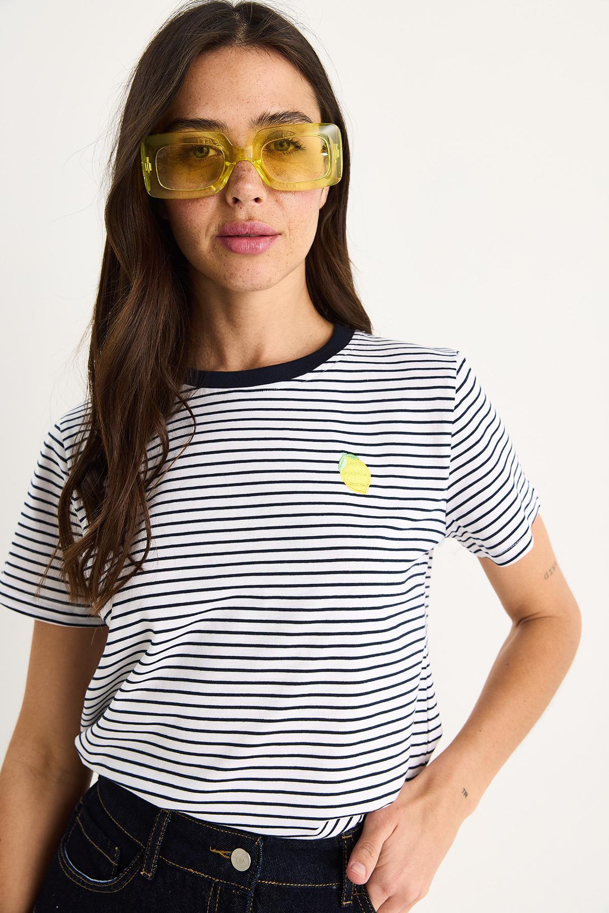 Kadın Limon Nakışlı Çizgili Pamuklu Basic T-Shirt 3369 60283387 - Lacivert-Beyaz · 2