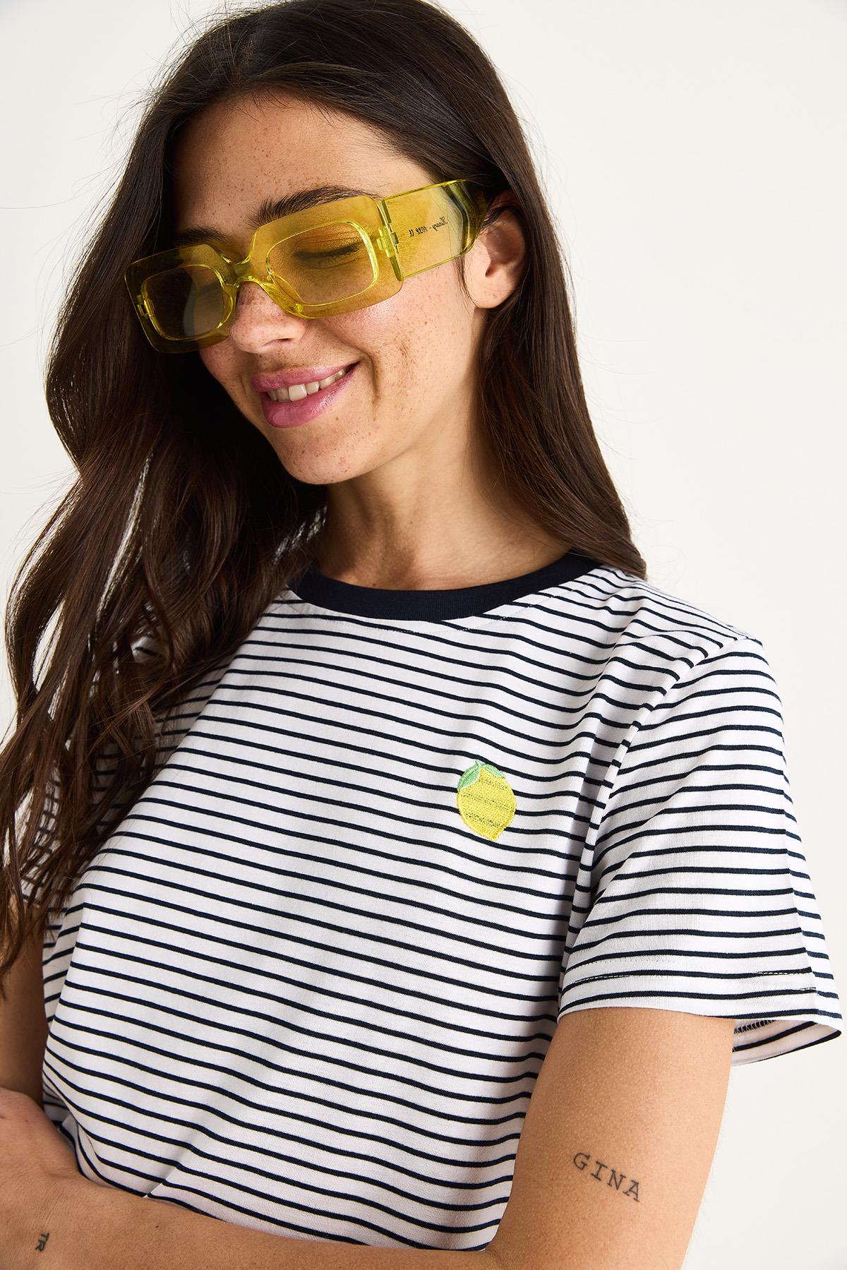 Kadın Limon Nakışlı Çizgili Pamuklu Basic T-Shirt 3369 60283387 - Lacivert-Beyaz · 3