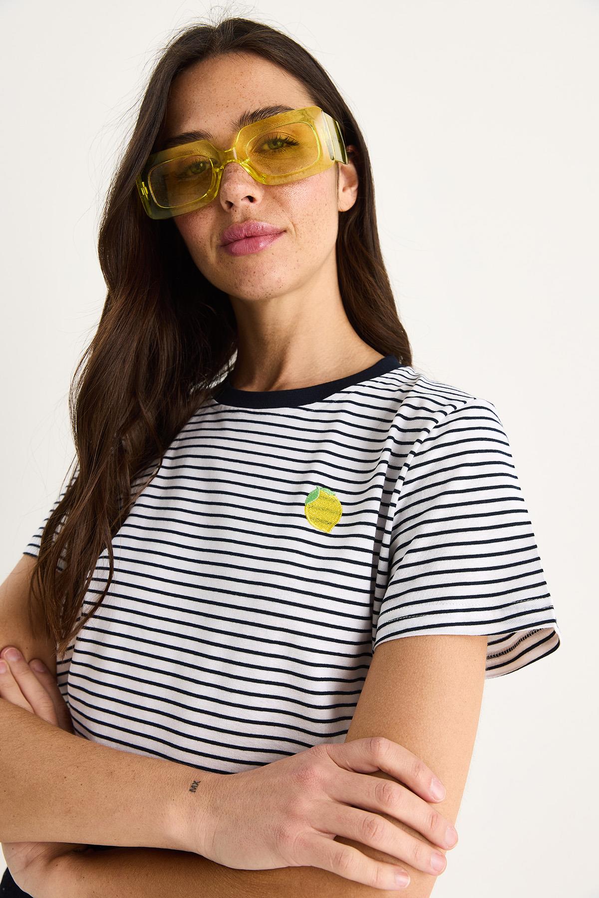 Kadın Limon Nakışlı Çizgili Pamuklu Basic T-Shirt 3369 60283387 - Lacivert-Beyaz · 4
