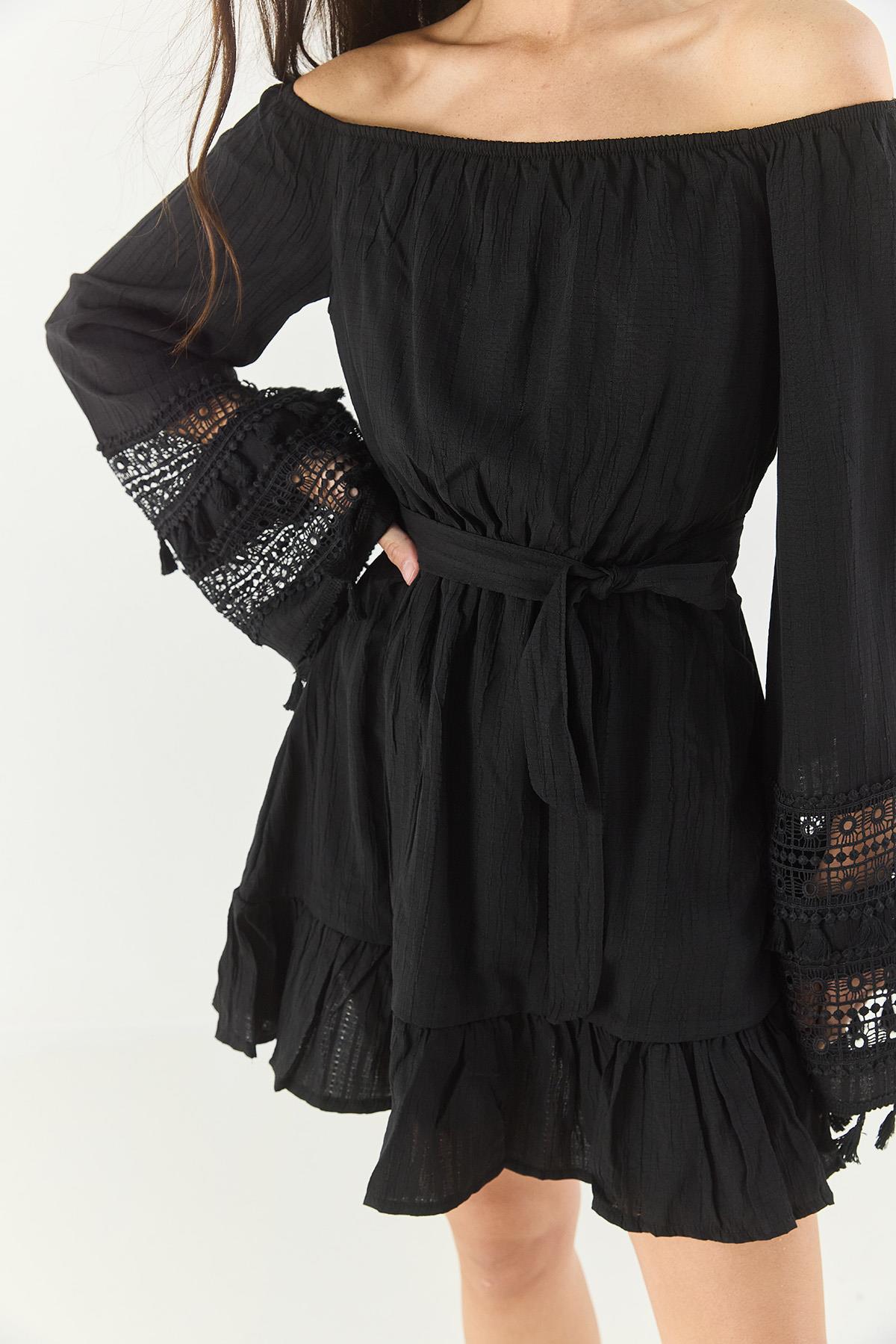 Kadın Madonna Yaka Beli Lastikli Dantel Kollu Kuşaklı Astarlı Mini Yazlık Elbise 60283246 - Siyah · 7