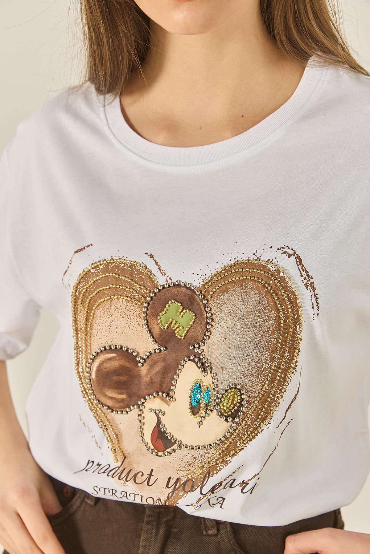 Kadın Mickey Mouse Baskılı Boncuk İşlemeli Oversize Pamuklu T-Shirt 1633 60283284 - Beyaz · 6