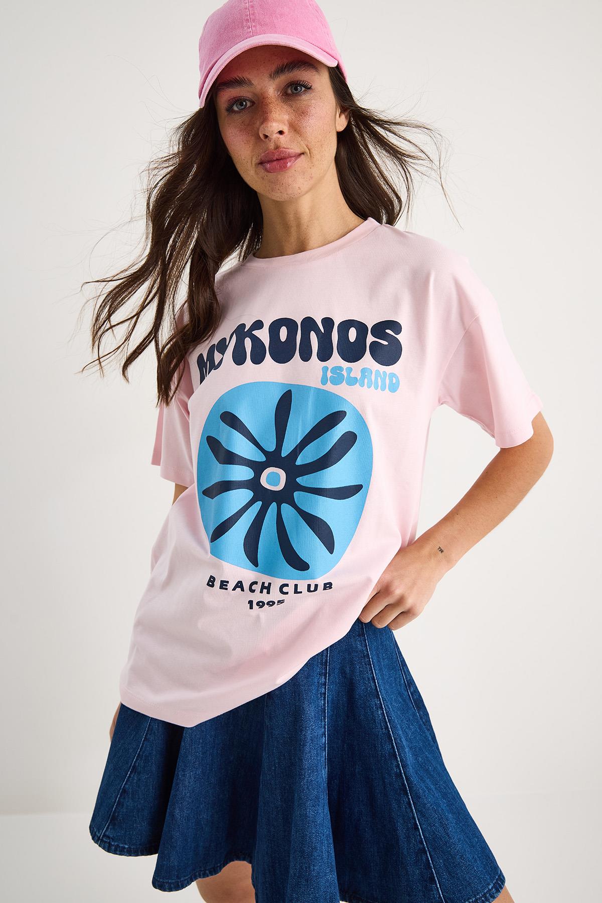 Kadın Mykonos Baskılı Oversize Pamuklu T-Shirt 5446 60283290 - Pudra · 4
