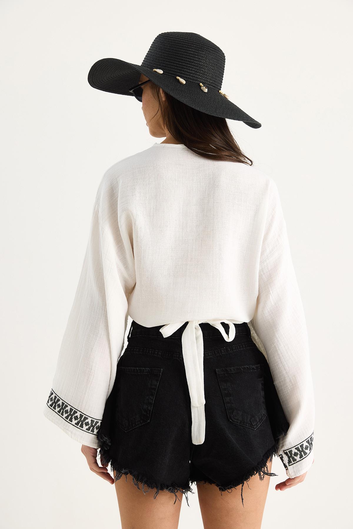 Kadın Nakış İşlemeli Bağlama Detaylı Geniş Kollu Müslin Kimono Bluz 7014 60283386 - Beyaz · 6