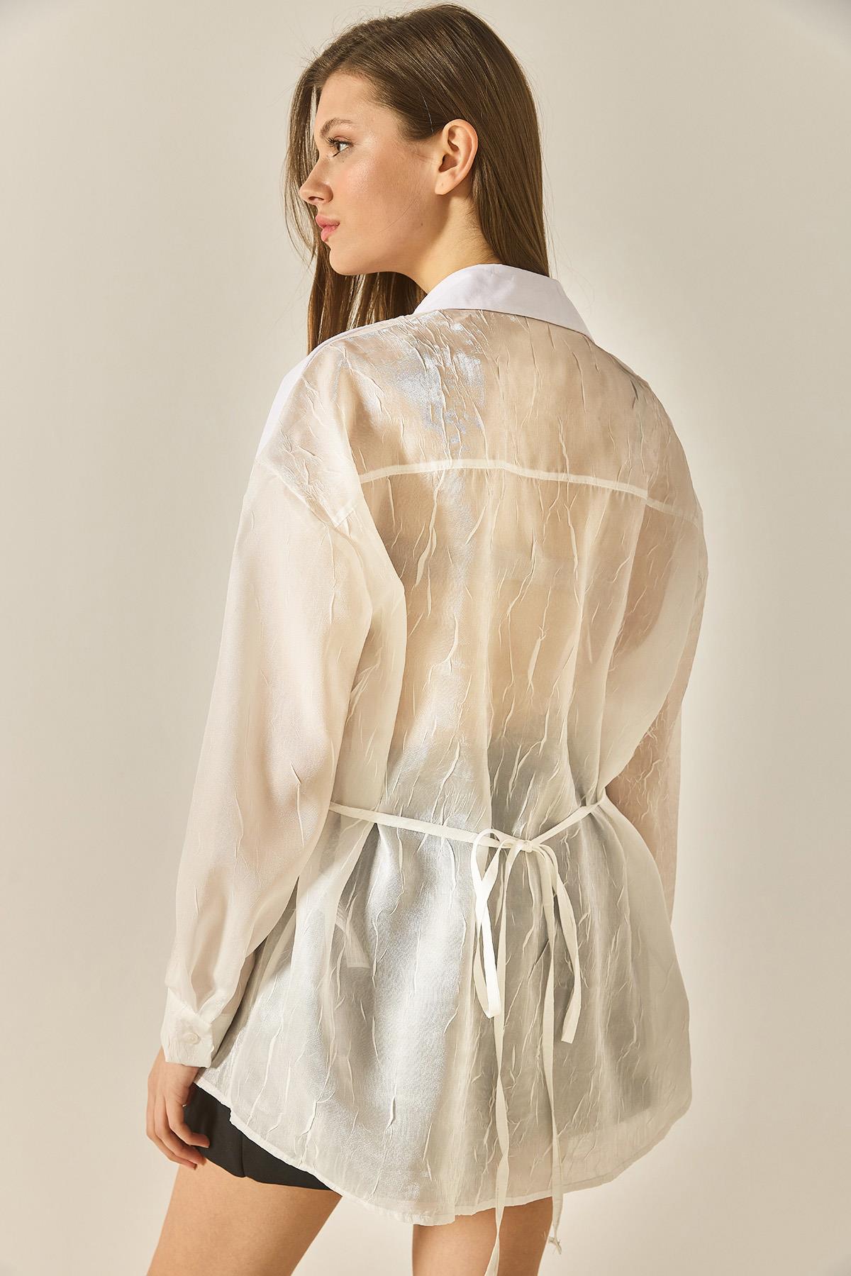 Kadın Organze Tül Detaylı Oversize Gömlek 60502 60283263 - Beyaz · 7