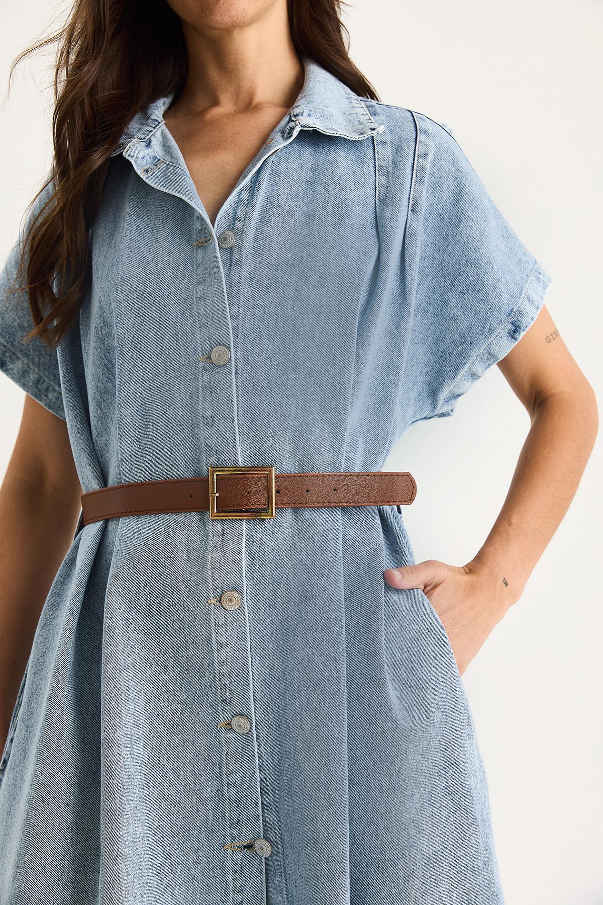 Kadın Pile Detaylı Kemerli Düğmeli Çift Cepli Denim Elbise 60283440 - Buz Mavisi · 6