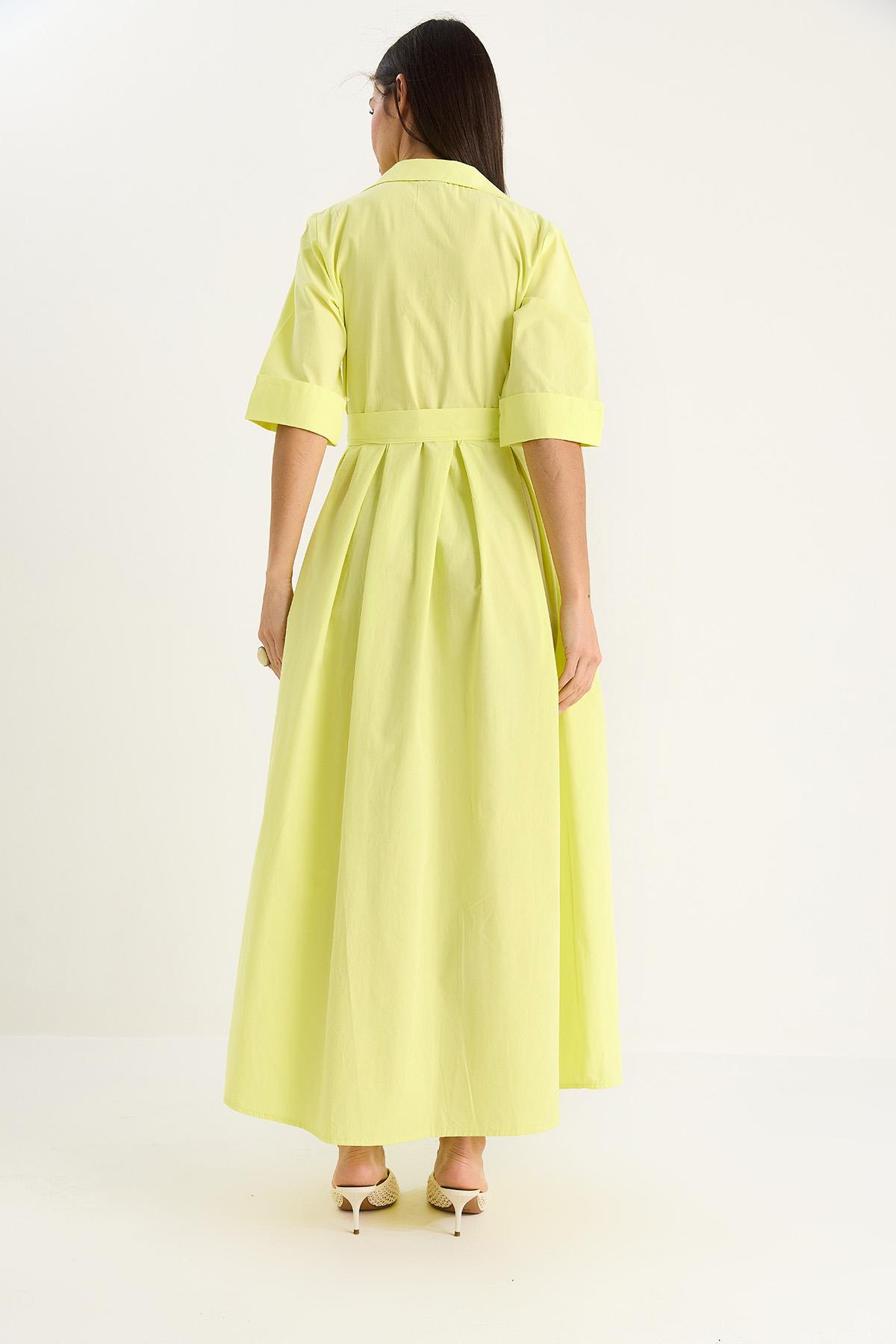 Kadın Pile Etekli Cep Detaylı Kuşaklı Poplin Midi Elbise 8441 60283445 - Limon Sarısı · 6