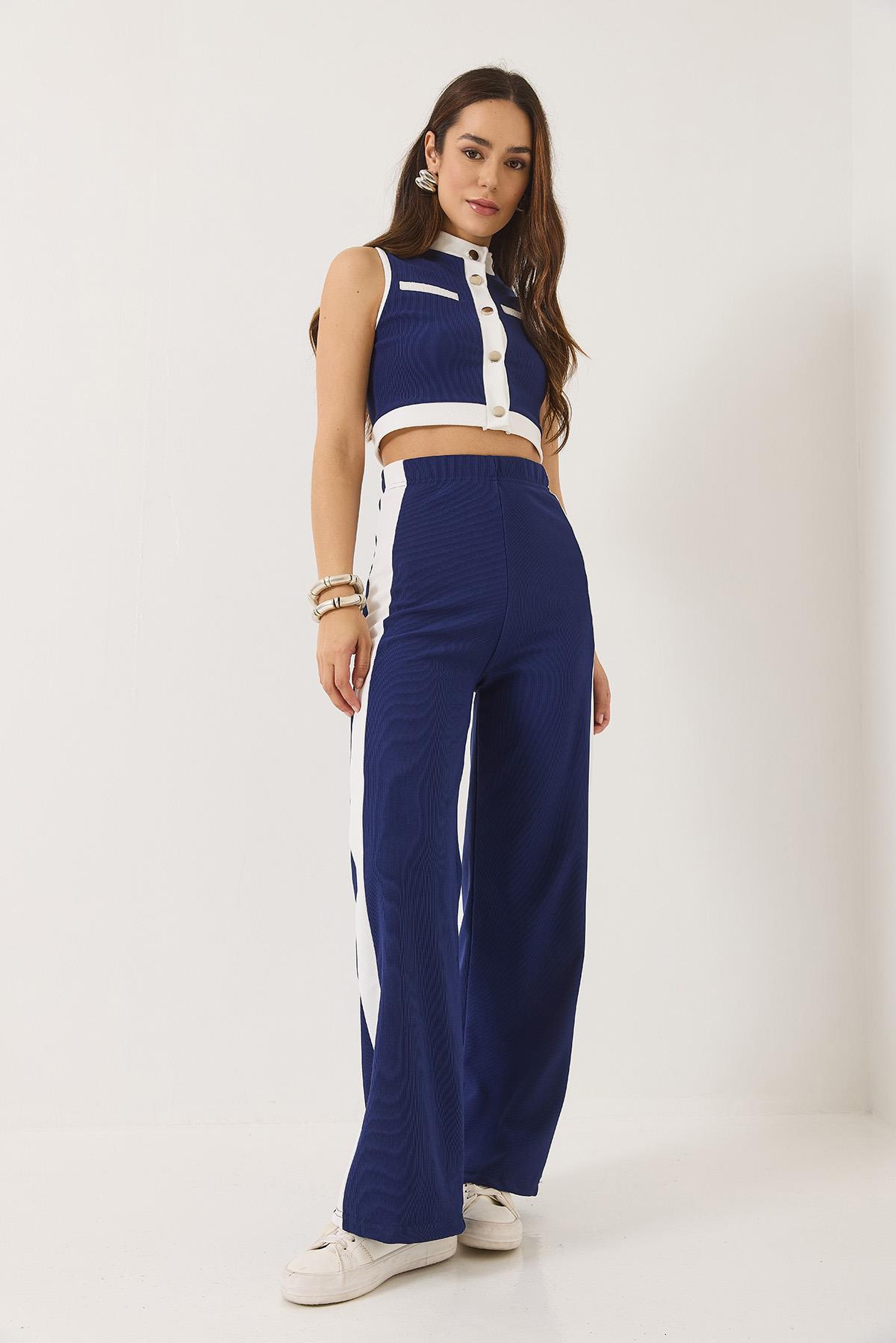 Kadın Şerit Detaylı Düğmeli Crop Yelek Palazzo Pantolonlu Ottoman Alt-Üst Takım 2215 60283153 - Saks · 4
