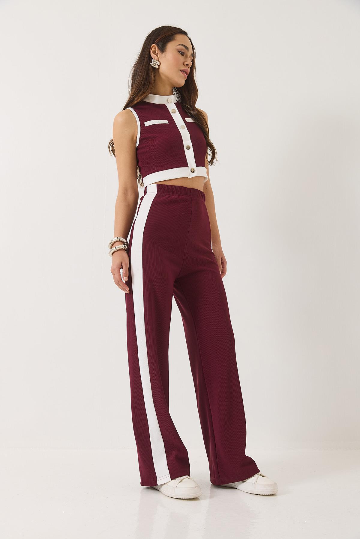 Kadın Şerit Detaylı Düğmeli Crop Yelek Palazzo Pantolonlu Ottoman Alt-Üst Takım 2215 60283153 - Bordo · 5