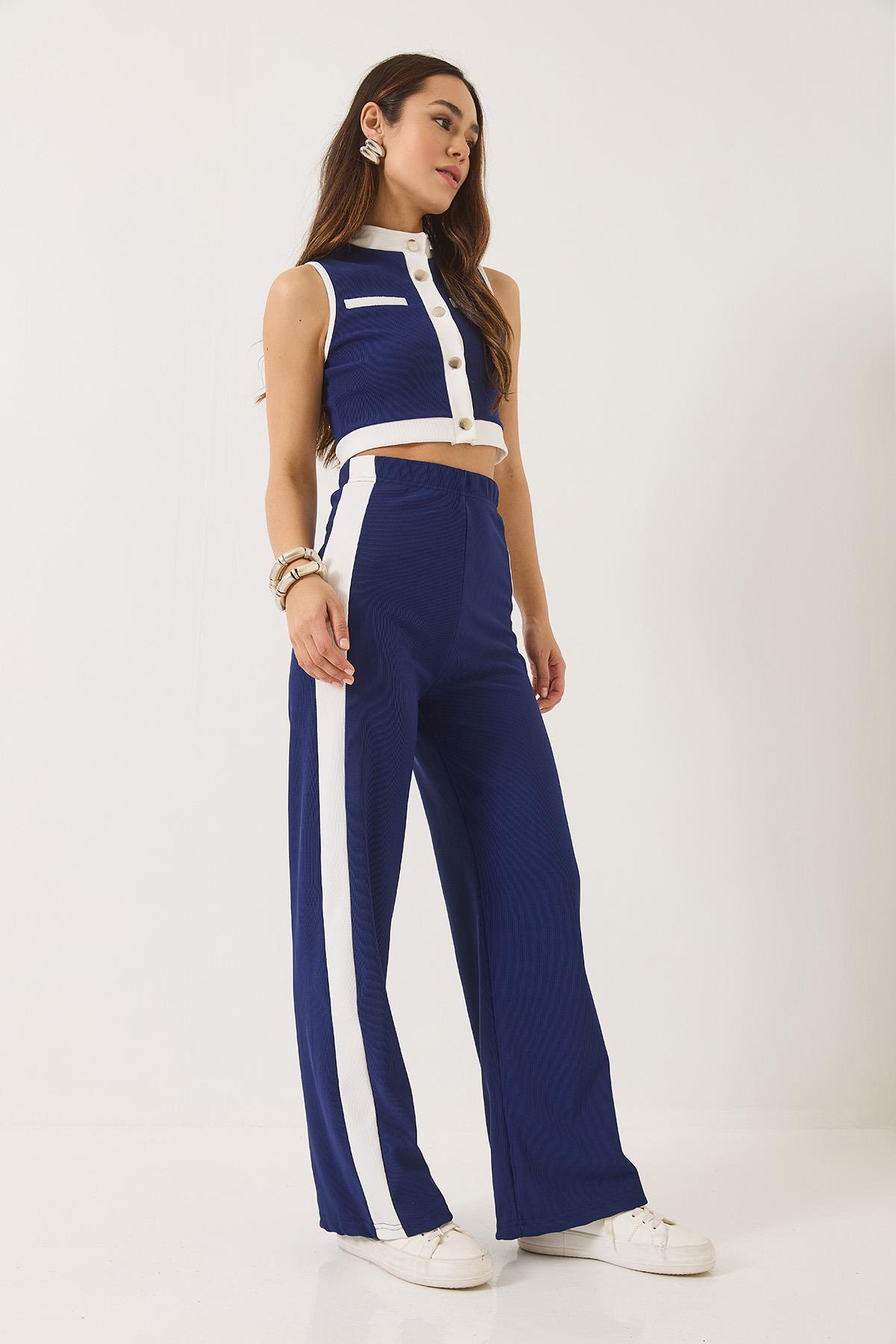 Kadın Şerit Detaylı Düğmeli Crop Yelek Palazzo Pantolonlu Ottoman Alt-Üst Takım 2215 60283153 - Saks · 6