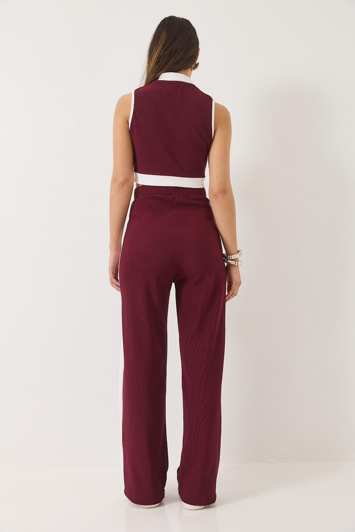 Kadın Şerit Detaylı Düğmeli Crop Yelek Palazzo Pantolonlu Ottoman Alt-Üst Takım 2215 60283153 - Bordo · 7