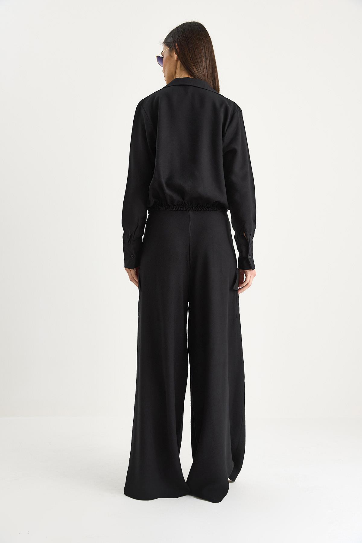 Kadın V Yaka Beli Lastikli Crop Cep Detaylı Bol Pantolonlu Alt-Üst Takım B2199 60283369 - Siyah · 8