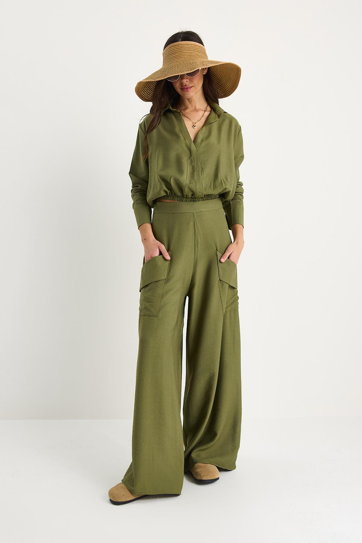 Kadın V Yaka Beli Lastikli Crop Cep Detaylı Bol Pantolonlu Alt-Üst Takım B2199 60283369 - Haki · 3