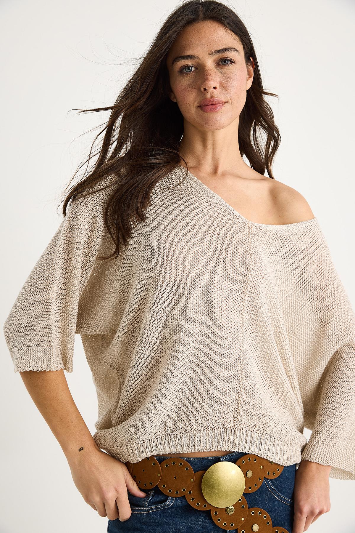 Kadın V Yaka Selanik Örgü Oversize Triko Bluz TY251045 60283338 - Bej · 3