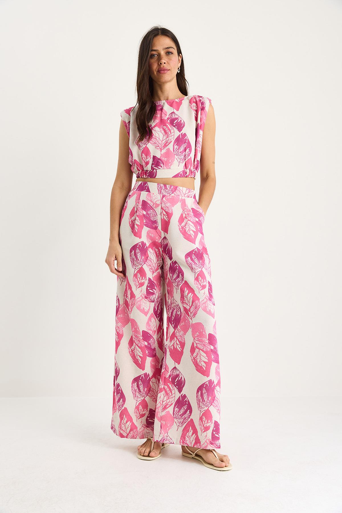 Kadın Vatkalı Beli Lastikli Crop Bluz Bol Pantolonlu Desenli Keten Alt-Üst Takım 25-086 60283430 - Pembe · 2