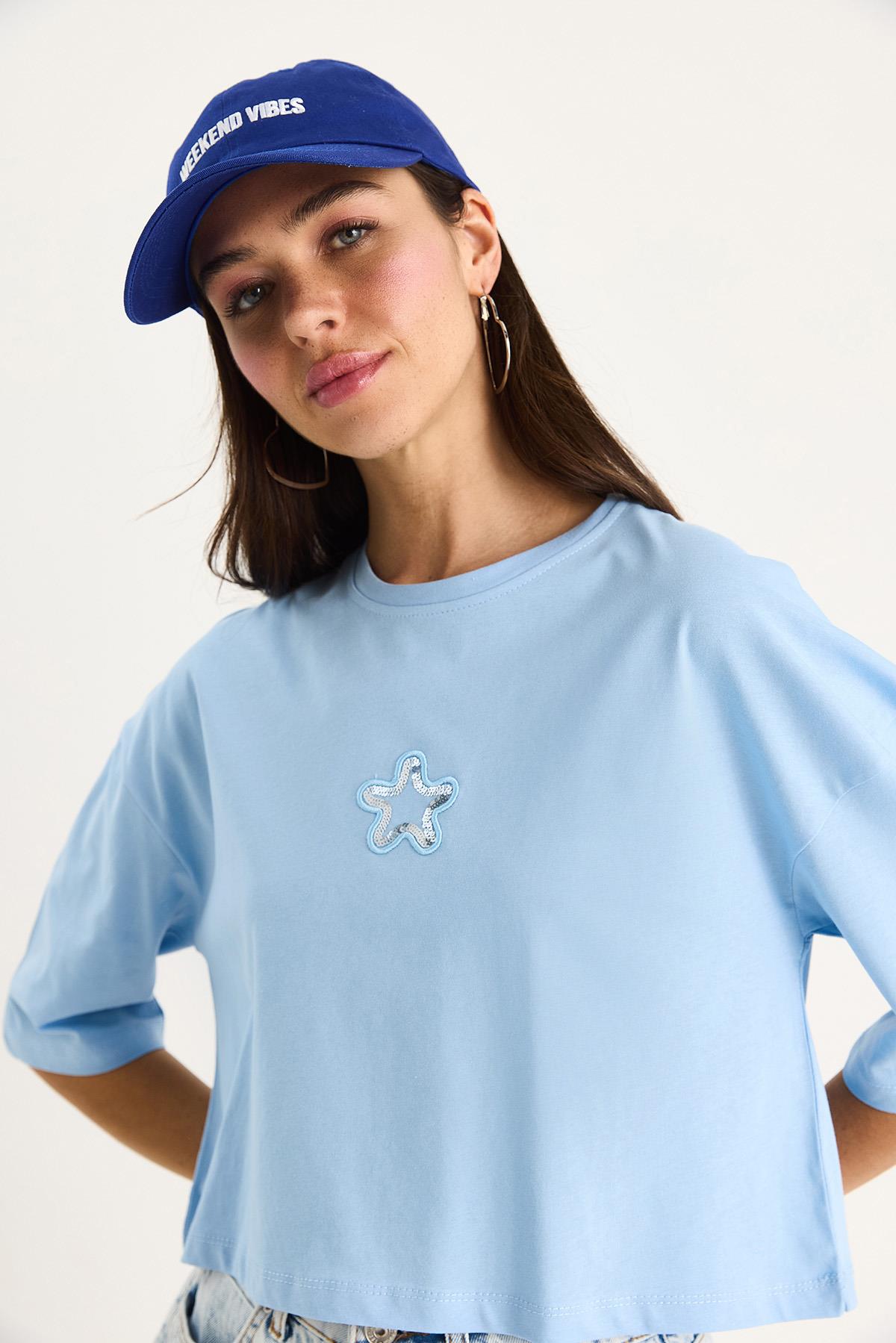 Kadın Yıldız Nakışlı Bisiklet Yaka %100 Pamuklu Crop T-Shirt 6703 60283449 - Bebe Mavisi · 4