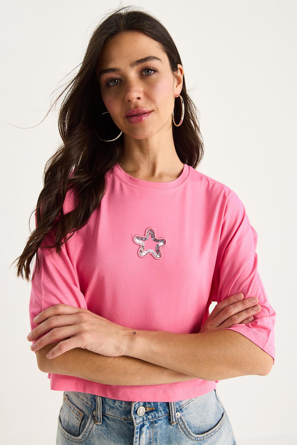 Kadın Yıldız Nakışlı Bisiklet Yaka %100 Pamuklu Crop T-Shirt 6703 60283449 - Pembe · 4