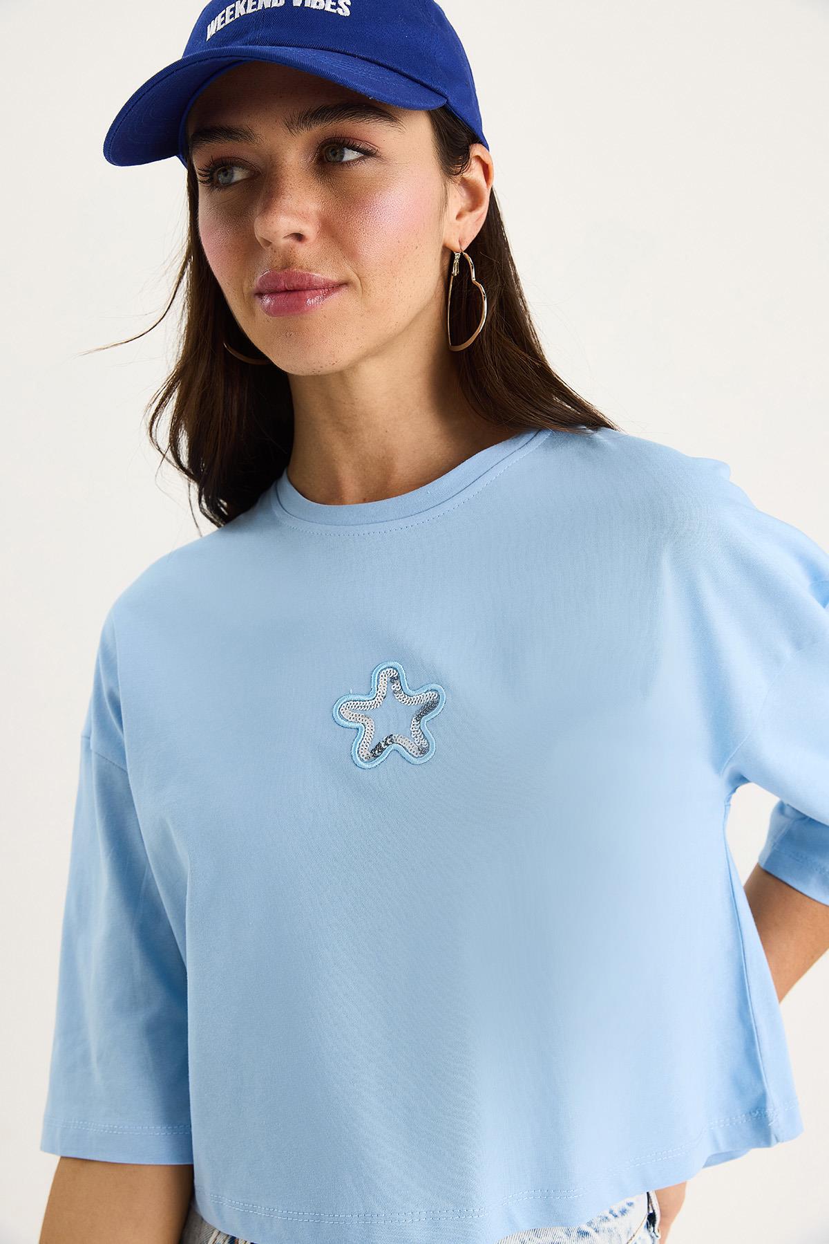 Kadın Yıldız Nakışlı Bisiklet Yaka %100 Pamuklu Crop T-Shirt 6703 60283449 - Bebe Mavisi · 5