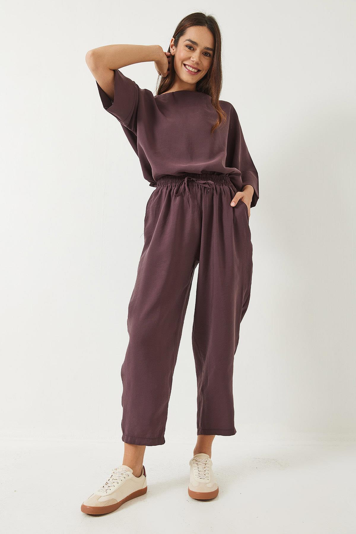 Kadın Kayık Yaka Yarım Kol Bluz Beli Lastikli Şalvar Pantolon Alt-Üst Takım 60283118 - Patlıcan · 4