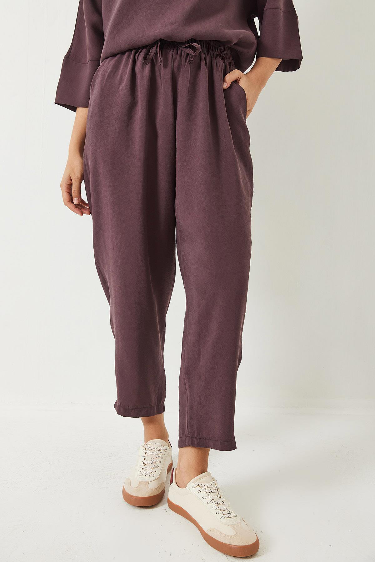 Kadın Kayık Yaka Yarım Kol Bluz Beli Lastikli Şalvar Pantolon Alt-Üst Takım 60283118 - Patlıcan · 5