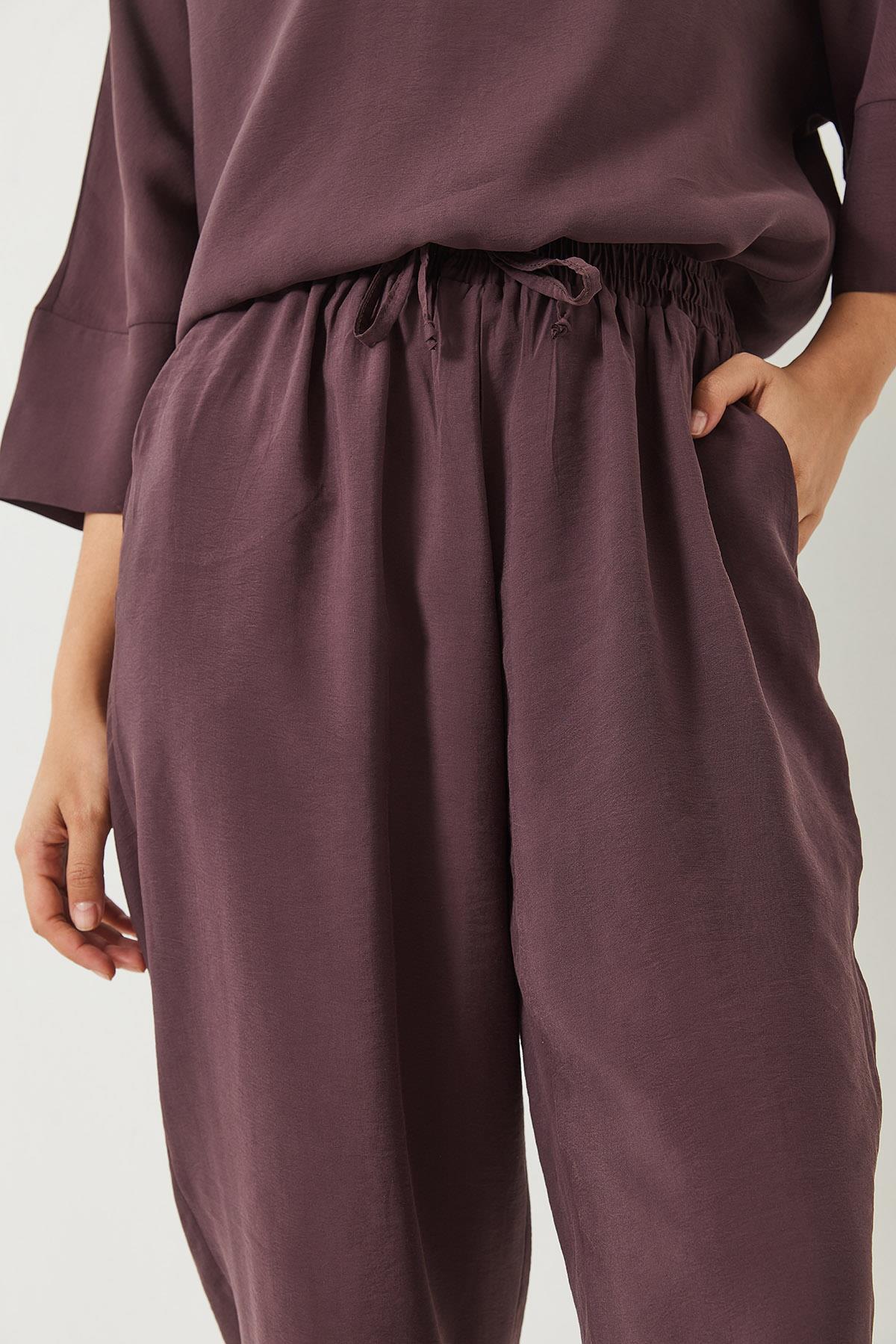 Kadın Kayık Yaka Yarım Kol Bluz Beli Lastikli Şalvar Pantolon Alt-Üst Takım 60283118 - Patlıcan · 6