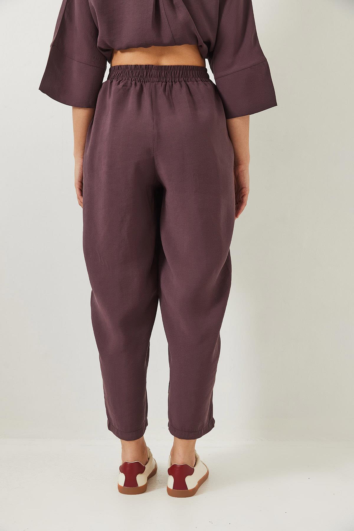 Kadın Kayık Yaka Yarım Kol Bluz Beli Lastikli Şalvar Pantolon Alt-Üst Takım 60283118 - Patlıcan · 8