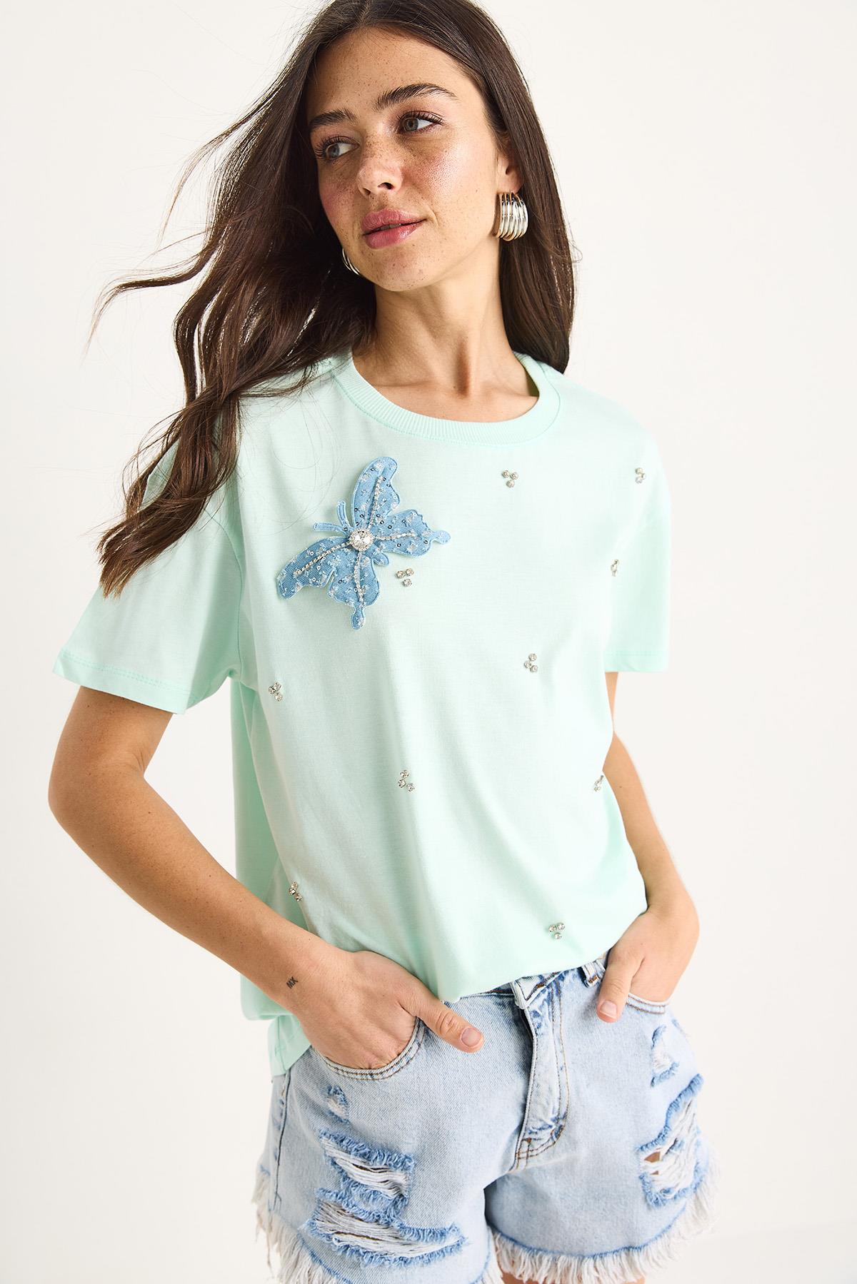 Kadın Kelebek Aksesuarlı Taş İşlemeli Kısa Kollu T-Shirt 60602036 - Mint Yeşili · 2