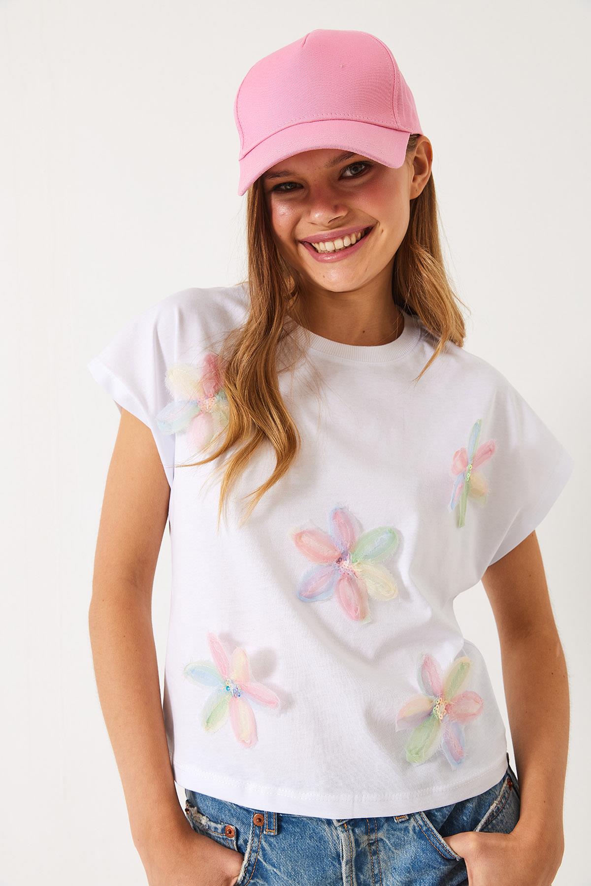 Kadın Kısa Kollu Renkli Tül Çiçek Aksesuarlı T-Shirt 60602015 - Beyaz · 3