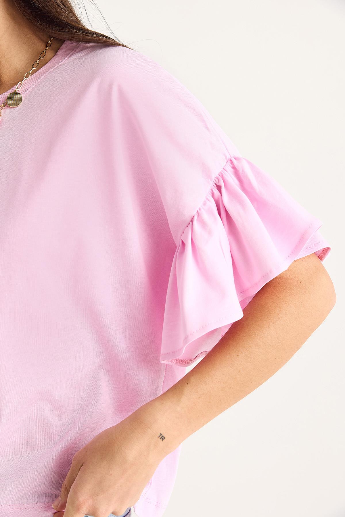 Kadın Kolları Fırfırlı Bisiklet Yaka Pamuklu T-Shirt 60602074 - Şeker Pembe · 5