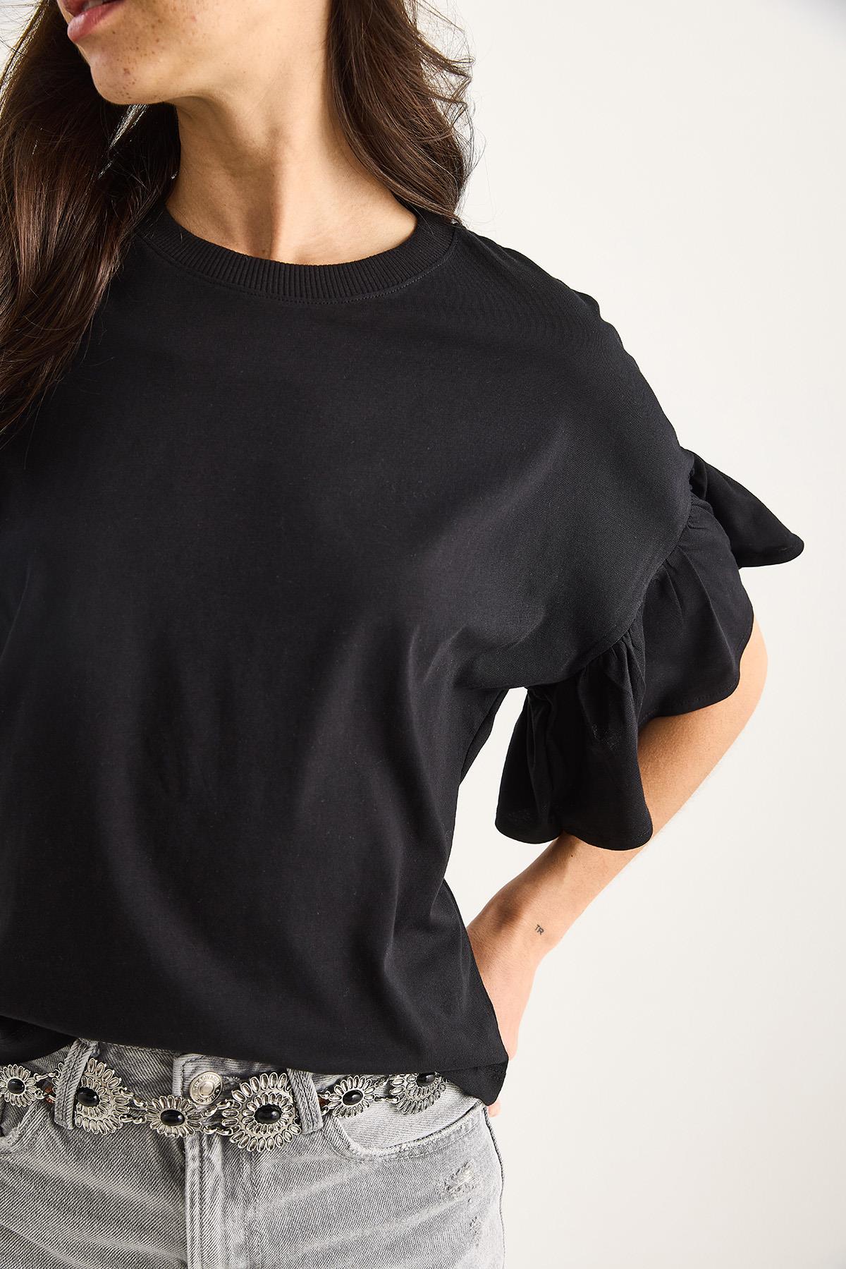 Kadın Kolları Fırfırlı Bisiklet Yaka Pamuklu T-Shirt 60602074 - Siyah · 5