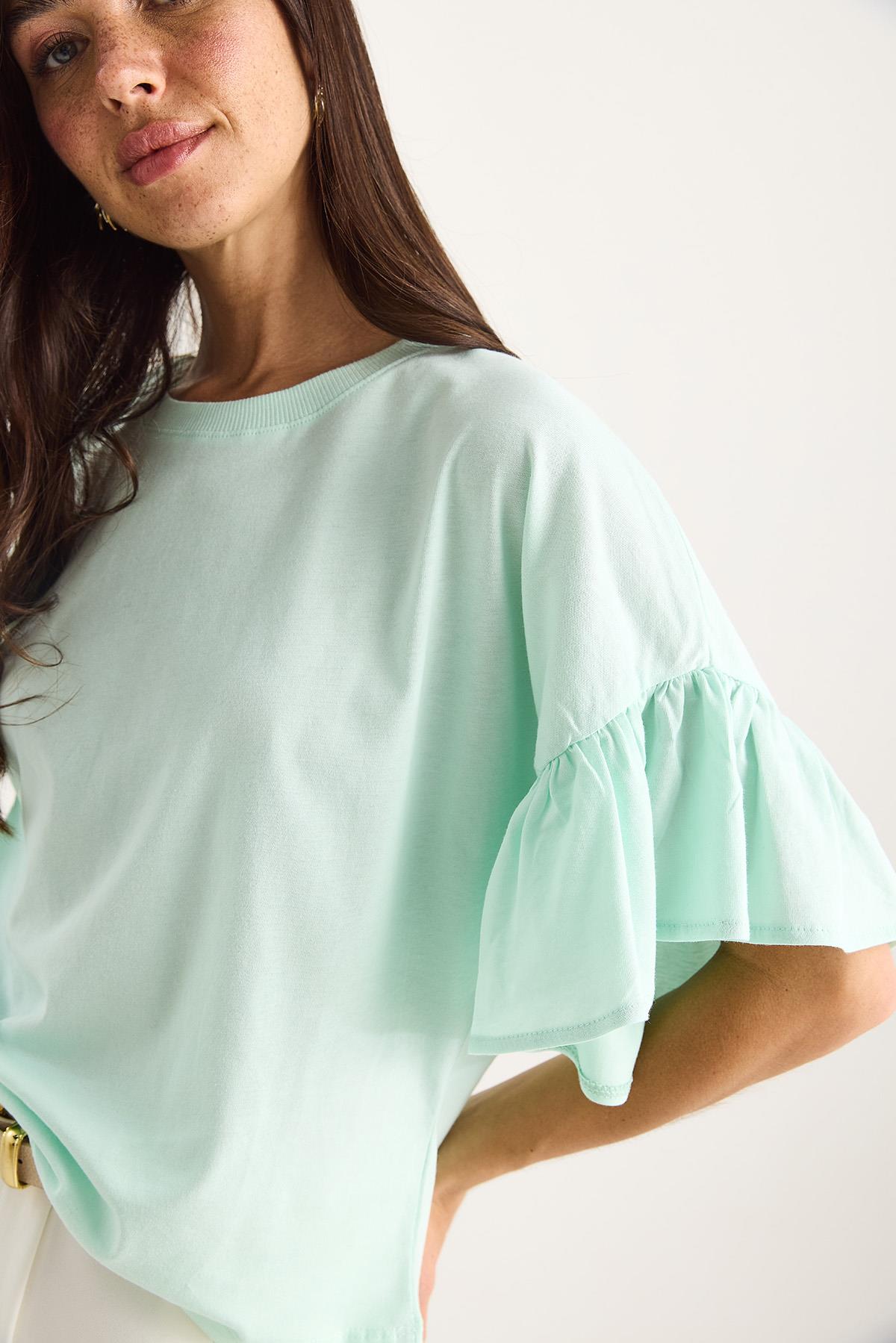 Kadın Kolları Fırfırlı Bisiklet Yaka Pamuklu T-Shirt 60602074 - Su Yeşili · 5