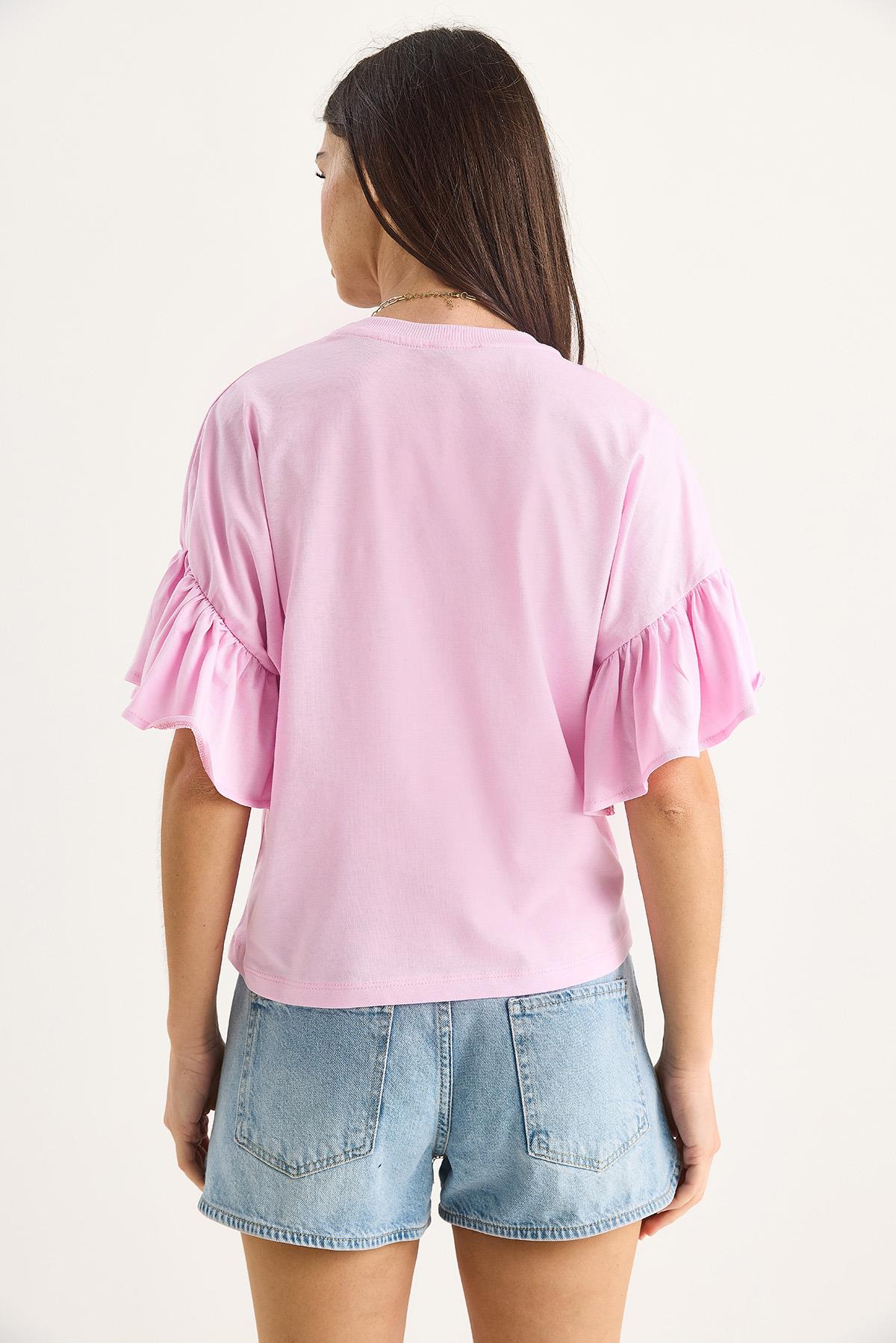 Kadın Kolları Fırfırlı Bisiklet Yaka Pamuklu T-Shirt 60602074 - Şeker Pembe · 6