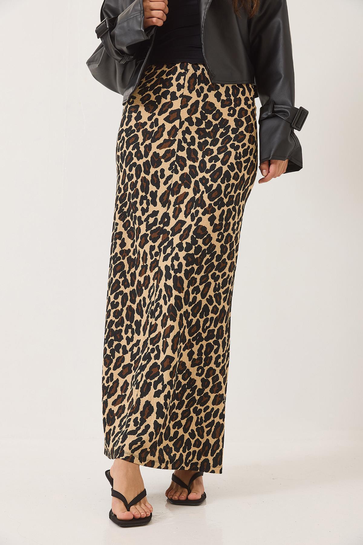 Kadın Leopar Desenli Beli Lastikli Uzun Kalem Etek 0258 60283170 - Leopar · 5