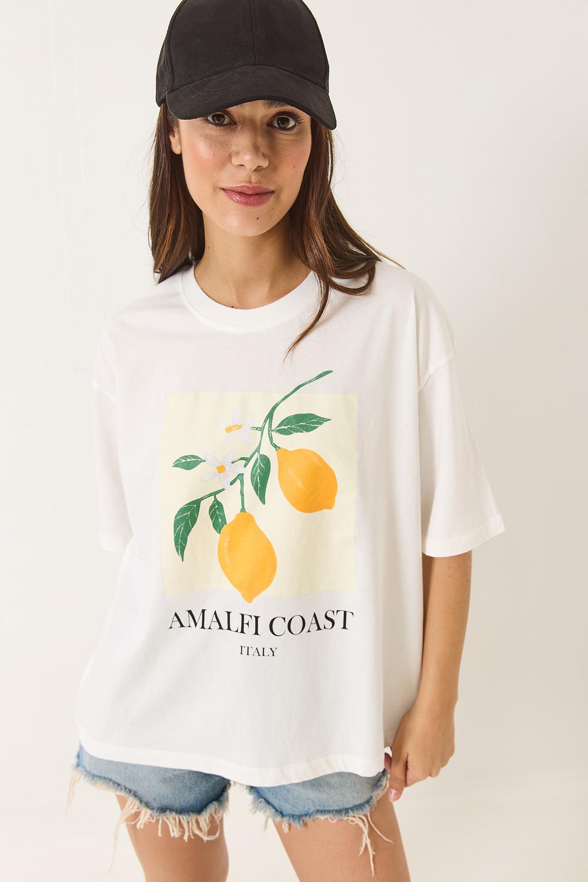 Kadın Limon Baskılı Beyaz Pamuk Penye Oversize T-Shirt 251047 60283126 - Beyaz · 3